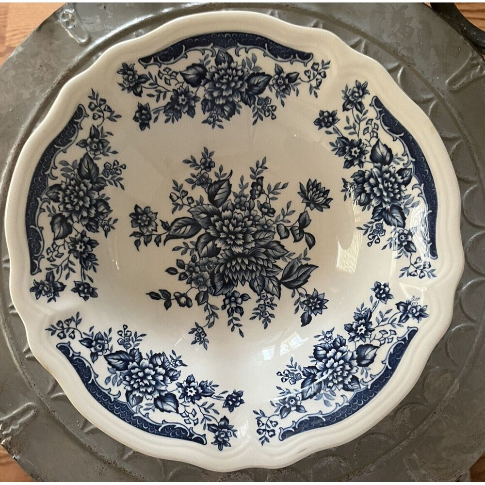 Ironstone Blue Carnation Serving Bowl Vintage Blue White Stoneware Farm Cottage